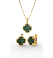 925 Ayar Yeşil Kaplangözü Taşlı Gold Van Cleef Yonca Kolye Küpe 2'li Gümüş Set-Takım