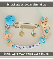 Sahi Aksesuar İsimli Bebek Emzik Zinciri ve Mavi Taşlı Bebek Yaka İğnesi