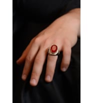Gümüş Yüzük - Garnet (KIRMIZI) Taşlı Yanı Selçuklu Arma Ve Hilal Yıldız Işlemeli Erkek Gümüş Yüzük
