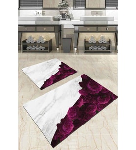 Mürdüm Çiçekli Desen Banyo Halısı Klozet Paspas Seti BS013