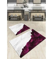Mürdüm Çiçekli Desen Banyo Halısı Klozet Paspas Seti BS013