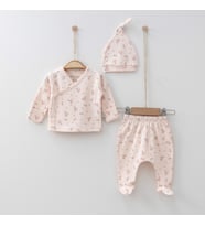 BabyŞen %100 Organik Pamuk Çiçek Desenli 0-3 Ay 3'lü Kız Bebek Takım & Seti (Açık Pembe)