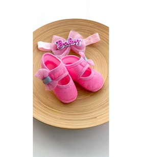 Kız Bebek Pembe Simli Fiyonklu Baby Patik ve Bandana Seti