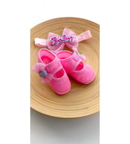 Kız Bebek Pembe Simli Fiyonklu Baby Patik ve Bandana Seti