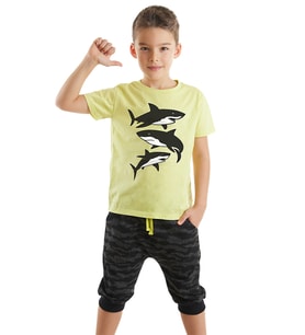 Sharks Erkek Çocuk T-shirt Kapri Şort Takım (Sarı-Siyah)