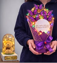 Renkli Led Işıklı Aynalı Mor Kelebek Buketi (Kişiye Özel Led Işıklı Fanus Hediyeli) (Model 4)