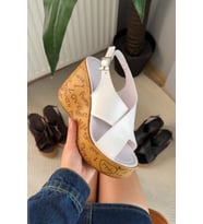Kadın Forge Beyaz 10 cm Dolgulu Yazılı Mantar Taban Ayakkabı & Sandalet