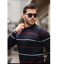 Unisex İnce Çizgili Bisiklet Yaka Triko Kazak - Siyah