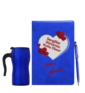 Sevgililer Gününe Özel Mavi Defter Kalem & Termos Mug Hediye Seti 4