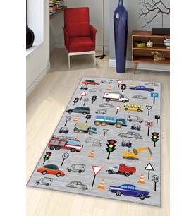 Gri Kaymaz Tabanlı Yıkanabilir Arabalı Çocuk Halısı CK030