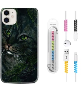 Apple iPhone 11 12 13 Mini Kılıf Kablo Koruma Spiral Silikon Flowers Cat 1345