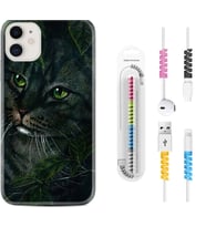 Apple iPhone 11 12 13 Mini Kılıf Kablo Koruma Spiral Silikon Flowers Cat 1345