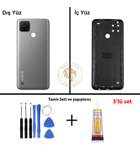 Oppo KAPAK Vida Seti + Yapıştırıcı Realme C25Y Gri Yapıştırıcı B-7000 Yapıştırıcı Vida Seti Arka Kapak Arka Cam Batarya Kapağı Lazer Kesim Kapak Pil Kapağı Back Cover