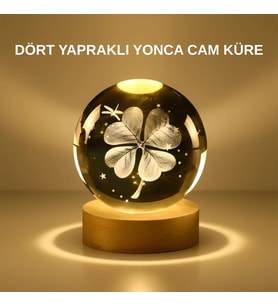 Dekoratif Yonca Görünümlü Işıklı Kristal Cam Küre Usb Masa Gece Lambası