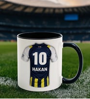 BK Gift Kişiye Özel Sarı Lacivert Taraftar Forma Numarası ve İsim Tasarımlı Baskılı Siyah Kupa Bardak, Taraftar Hediyesi