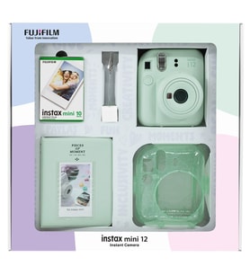 Instax mini 12 Yeşil Fotoğraf Makinesi 10'lu Film Simli Pleksi Kılıf PVC Albüm ve Kıskaçlı Resim Standı Bundle Box