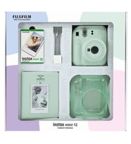 Instax mini 12 Yeşil Fotoğraf Makinesi 10'lu Film Simli Pleksi Kılıf PVC Albüm ve Kıskaçlı Resim Standı Bundle Box