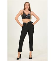 Neşeli butik kadın siyah kemerli yüksek bel havuç pantolon QNS033