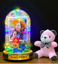 Sizlere Özel Renkli Led Işıklı Biblolu Fanus ve Pembe Peluş Ayıcıklı Anahtarlık (Model 3)