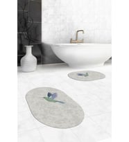 EVDEYA Dijital Yıkanabilir Modern Kuş Desen İkili Banyo Halısı Paspas Oval Klozet Takımı, OKLOZET-36-GRİ, (Gri)