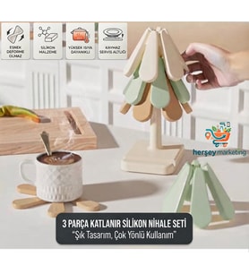 3'lü Standlı Pastik Nihale Seti, Isıya Dayanıklı Bardak Ve Tencere Altı Katlanır Nihale 3 Parça Silikon Nihale Seti Çok Renkli
