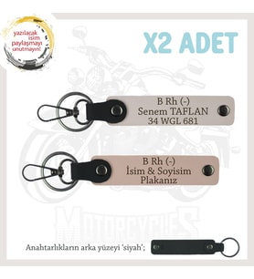 Hız Severlere Özel, İsim Plaka ve B Rh (-) Kan Grubu Yazılı x2 Anahtarlık Set, Yavruağzı-Pudra-Syh (Çok Renkli)