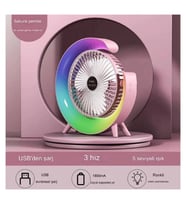 Masaüstü Vantilatör Usb Şarjlı Rgb Led Işıklı 3 Kademeli 180° Ayarlanabilir Soğutucu Fan Pembe