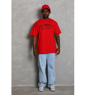 Erkek Baskılı Tişört Kısa Kol Bisiklet Yaka Oversize T-Shirt - Kırmızı