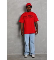 Erkek Baskılı Tişört Kısa Kol Bisiklet Yaka Oversize T-Shirt - Kırmızı