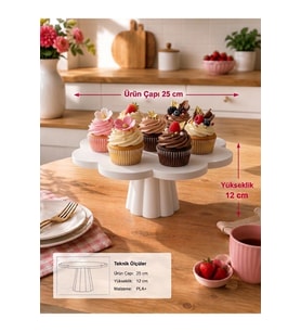 Cupcake Ayaklı Pasta Stand Beyaz - Çap 25 CM - Yükseklik 12 CM
