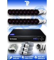 PICAM 16 Kameralı Uzay 16 Dış Kamera Set HDD'siz Full HD Gece Görüşlü Güvenlik Kamerası Sistemi