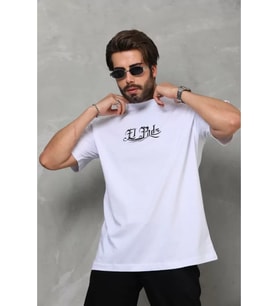 Unisex Bisiklet Yaka Baskılı Oversize T-Shirt - Beyaz