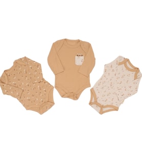 Unisex Kahve Bej Yaprak Desenli 3'lü Zıbın Set