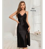 Intive Sugar Saten Midi Boy Saten Yan Yırtmaçlı Göğsü Dantel Detaylı Feminen Gecelik