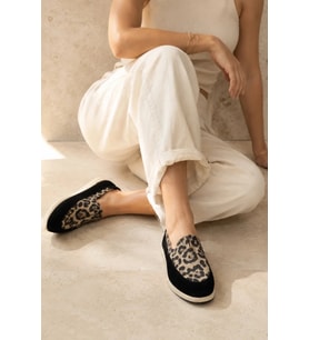 Velvet Hakiki Deri Süet Leopar Desen Siyah Bej Loafer