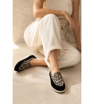 Velvet Hakiki Deri Süet Leopar Desen Siyah Bej Loafer