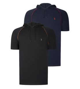 İKİLİ SET T8570 DEWBERRY KAPŞONLU ERKEK T-SHIRT-SİYAH-LACİVERT