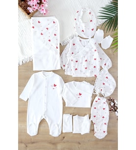 Kız Bebebek Yenidoğan Kalpli Müslin 10 Lu Hastane Çıkışı STL6970 (Beyaz)