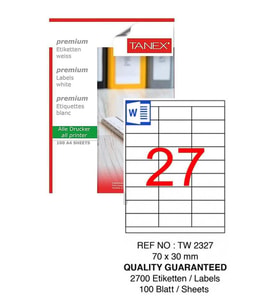 Bilgisayar Etiketi Tw-2327 70x30 mm 100 Lü Lazer Etiket 1 Paket Tanex Davetiye Kargo Koli Kutu Etiketi (Beyaz)