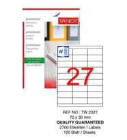 Bilgisayar Etiketi Tw-2327 70x30 mm 100 Lü Lazer Etiket 1 Paket Tanex Davetiye Kargo Koli Kutu Etiketi (Beyaz)