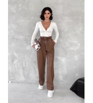 Kendinden ince kemerli deri pantolon kahve t1178