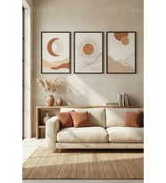 Bohem Minimalist Güneş Ay Doğa Manzaraları 3’lü Ahşap Çerçeveli Tablo Seti