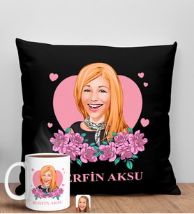 BK Gift Kişiye Özel Karikatürlü Anneler Günü Tasarımlı Siyah Kırlent Yastık ve Kupa Seti, Anneye Hediye, Ev Dekorasyonu, Anneler Günü Hediyesi-2