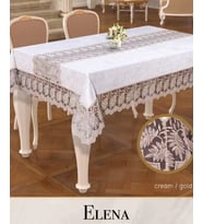 Elena Model Krem-Gold Keten İşlemeli 160x260 cm Dantelli Şık Masa Örtüsü Tasarım