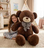 100 cm Papyonlu Büyük Peluş Ayıcık - Yumuşak Dokulu Oyuncak Hediyesi (Koyu Kahverengi)