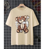 Unisex Ayı Gözü  X Baskılı Oversize Tshirt (Bej)