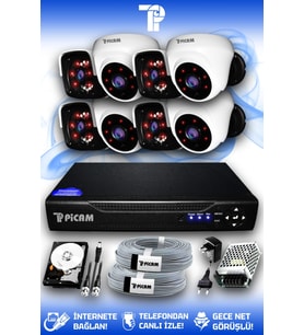 PICAM 8 Kameralı Panda 4 İç Kamera Set 100 GB HDD Full HD Gece Görüşlü Güvenlik Kamerası Sistemi