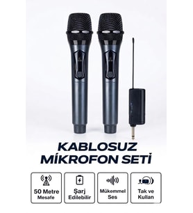 Profesyonel Çiftli Kablosuz Mikrofon Seti Karaoke Şarj Edilebilir 50 Metre