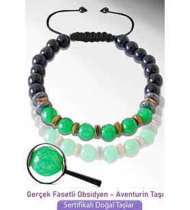  Sertifikalı Doğal Obsidyen - Aventurin Taşı Bileklik - Ayarlamalı (Çok Renkli)
