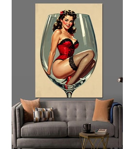 Şarap Kadehli Pin-Up Kadın Dekoratif Kanvas - Mdf Ahşap Tablo